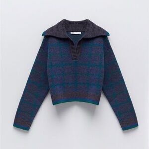 Zara Women's checkered polo sweater in blue and green hues with v-neck collar